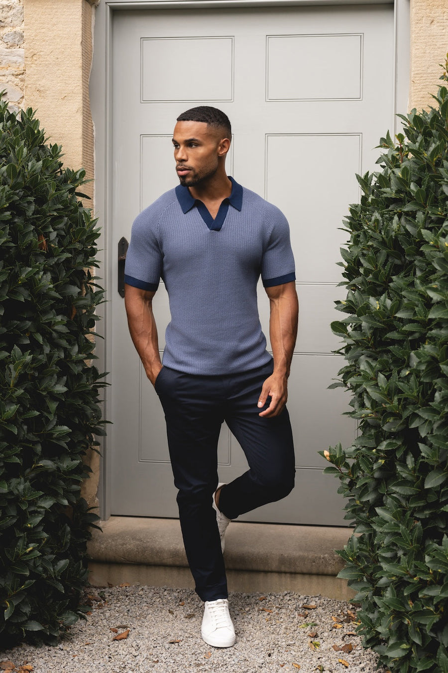 Contrast Textured Knitted Polo Shirt in Slate Blue - TAILORED ATHLETE - USA
