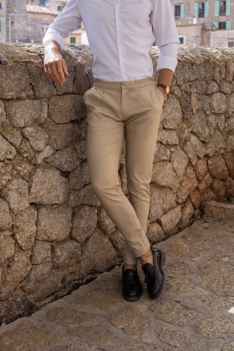 Smart Pleated Cotton Side Adjust Pants in Stone - TAILORED ATHLETE - USA