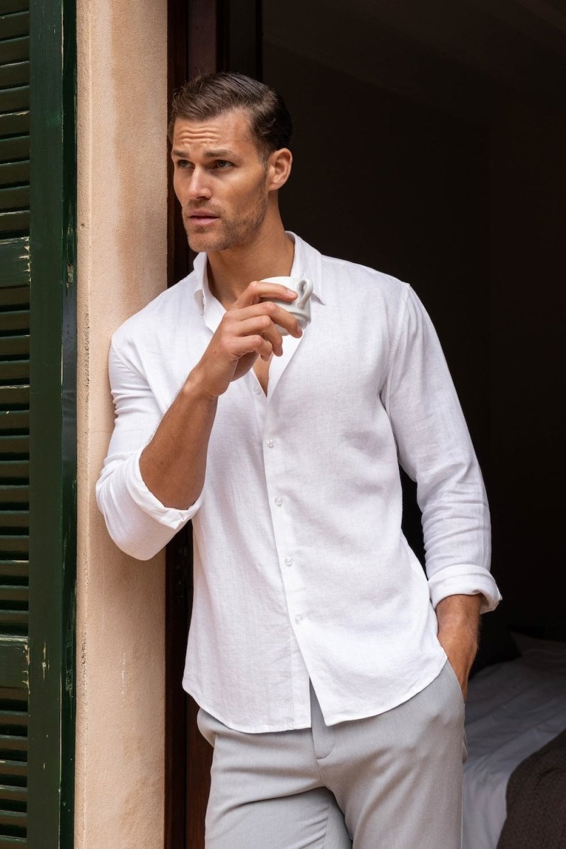 Stretch Linen Blend Button Through Shirt in White