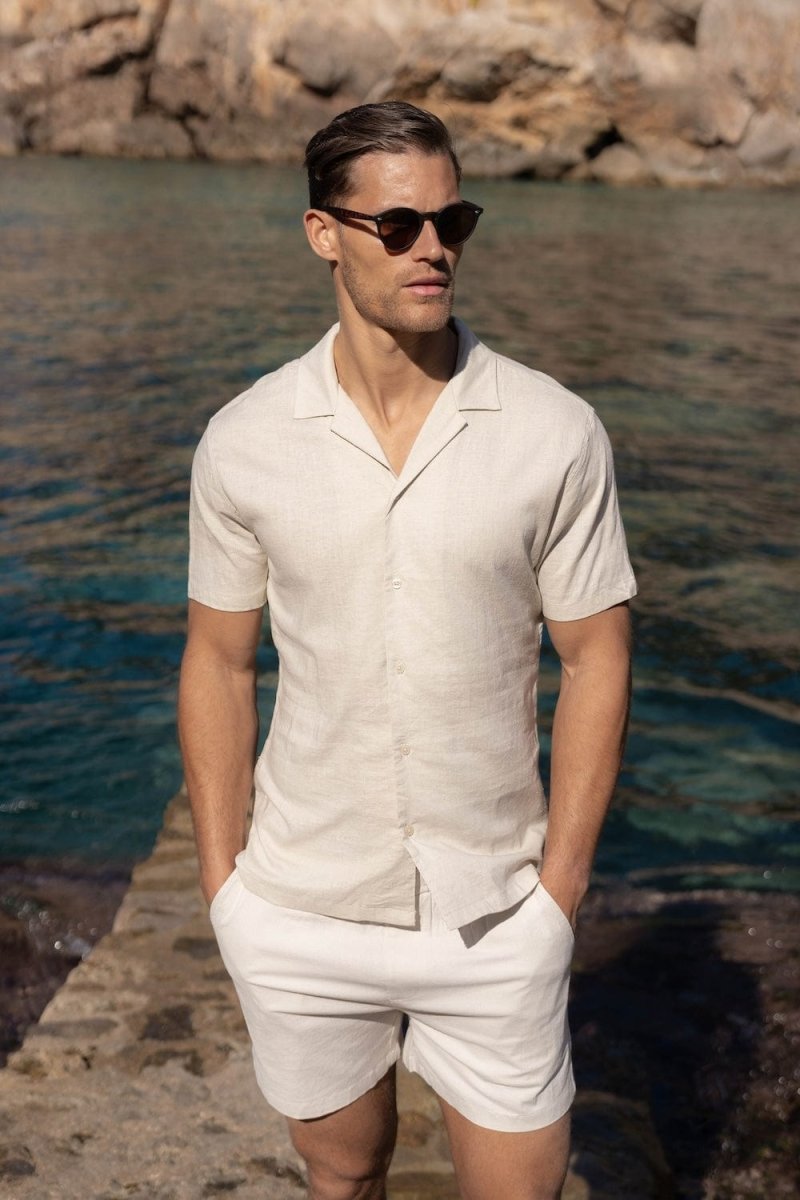 Stretch Linen Blend Cuban Collar Shirt in Stone - TAILORED ATHLETE - USA
