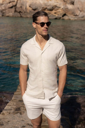 Stretch Linen Blend Cuban Collar Shirt in Stone - TAILORED ATHLETE - USA