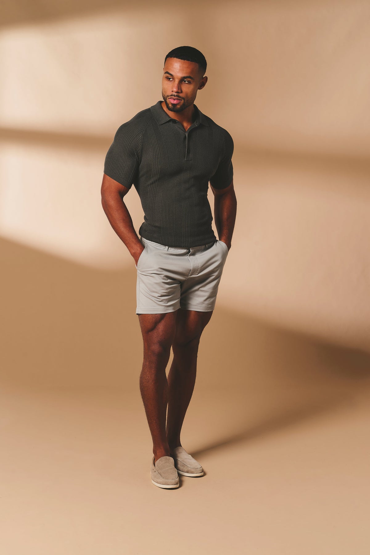 Vertical Stripe Knitted Polo Shirt in Khaki - TAILORED ATHLETE - USA
