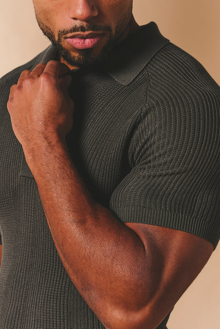 Vertical Stripe Knitted Polo Shirt in Khaki - TAILORED ATHLETE - USA
