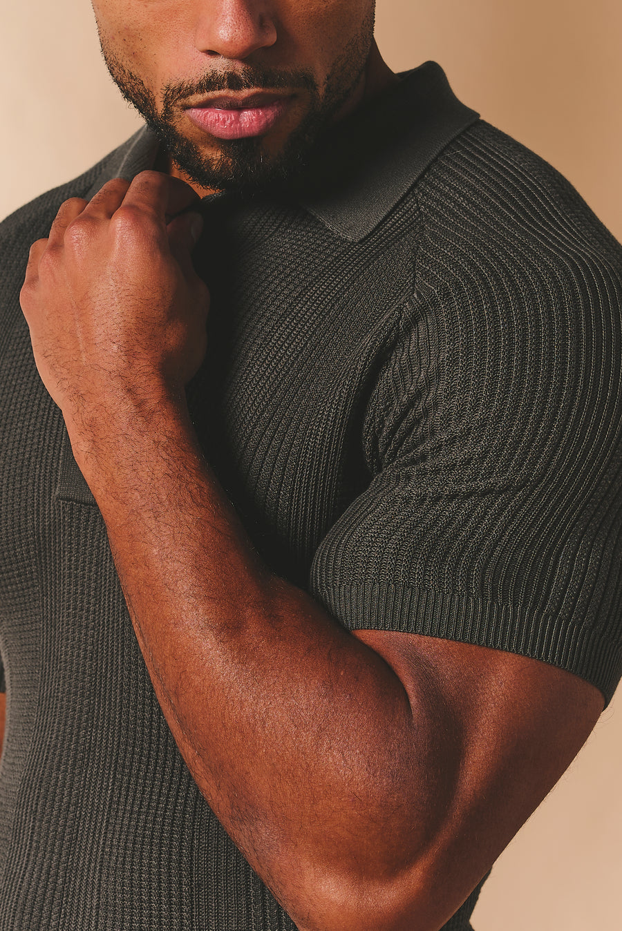 Vertical Stripe Knitted Polo Shirt in Khaki - TAILORED ATHLETE - USA