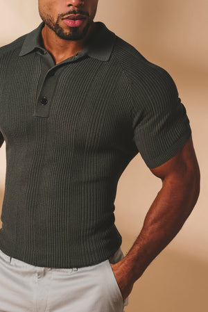 Vertical Stripe Knitted Polo Shirt in Khaki - TAILORED ATHLETE - USA