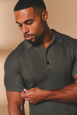 Vertical Stripe Knitted Polo Shirt in Khaki - TAILORED ATHLETE - USA