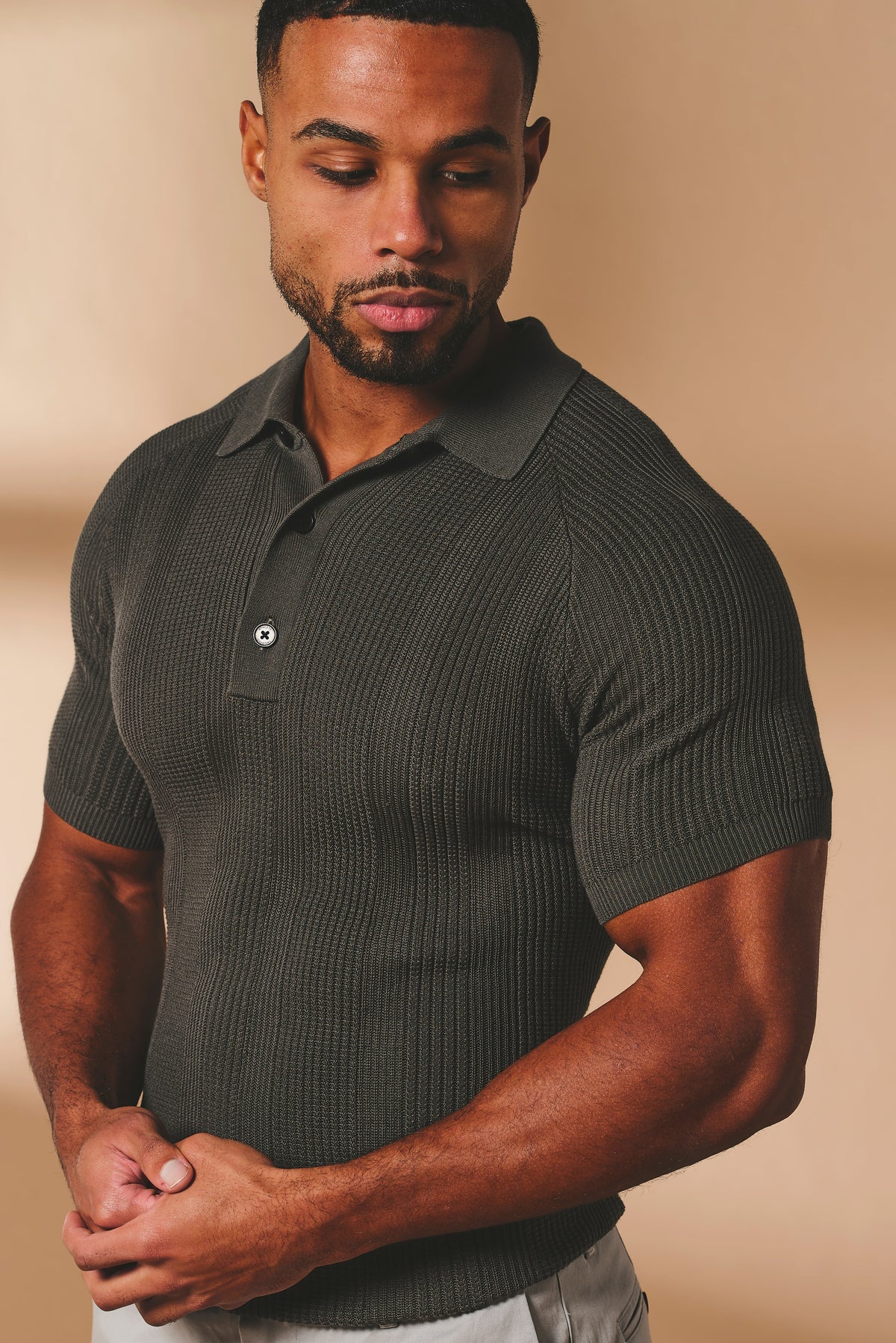 Vertical Stripe Knitted Polo Shirt in Khaki - TAILORED ATHLETE - USA