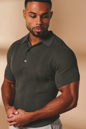 Vertical Stripe Knitted Polo Shirt in Khaki - TAILORED ATHLETE - USA