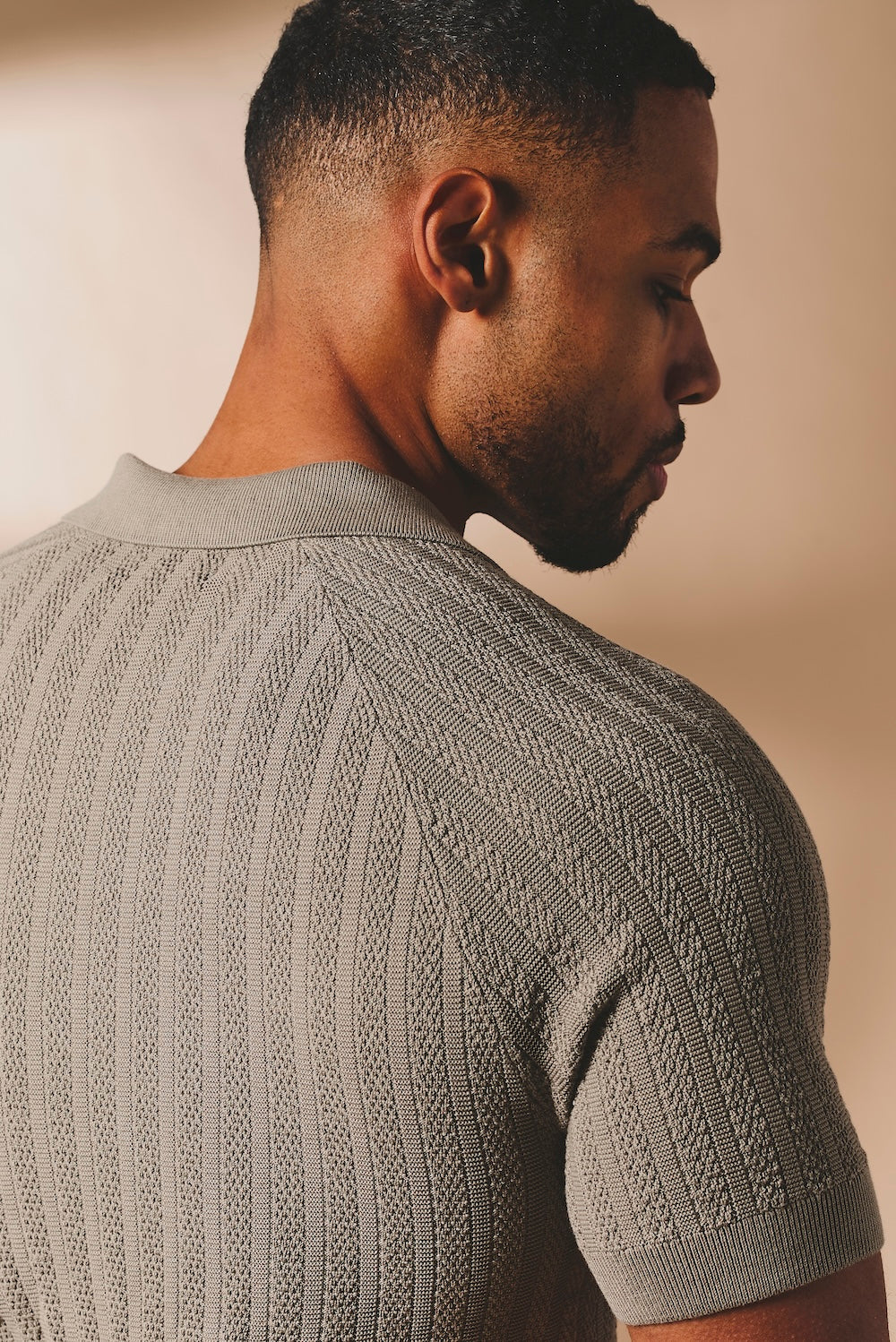 Vertical Stripe Knitted Open Collar Polo Shirt in Mole - TAILORED ATHLETE - USA