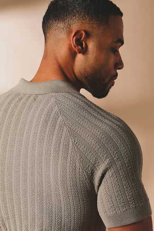 Vertical Stripe Knitted Open Collar Polo Shirt in Mole - TAILORED ATHLETE - USA