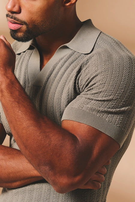 Vertical Stripe Knitted Open Collar Polo Shirt in Mole - TAILORED ATHLETE - USA