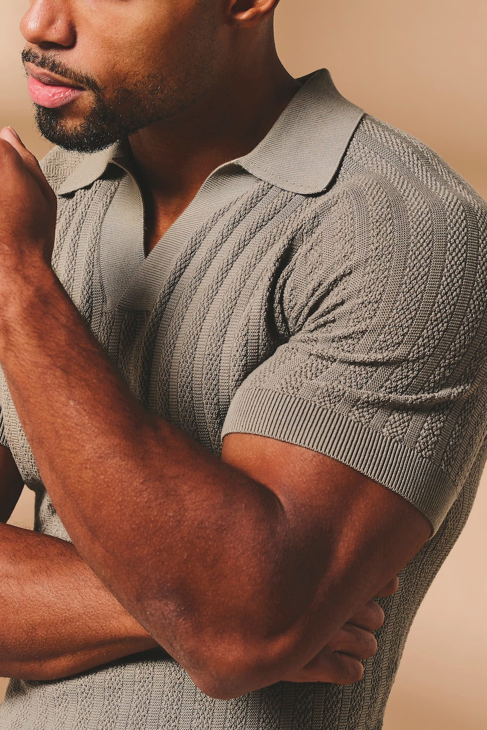 Vertical Stripe Knitted Open Collar Polo Shirt in Mole - TAILORED ATHLETE - USA