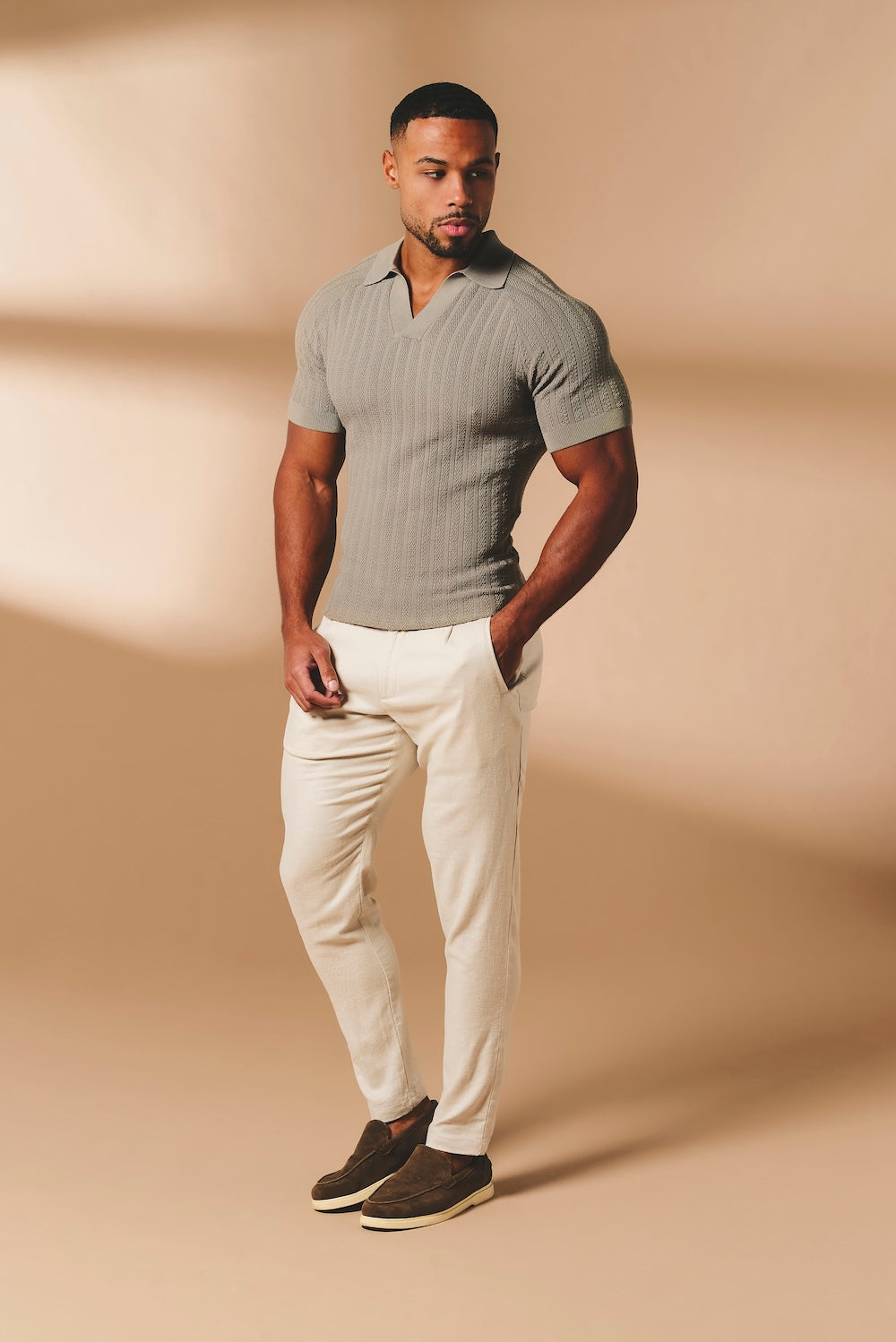 Vertical Stripe Knitted Open Collar Polo Shirt in Mole - TAILORED ATHLETE - USA