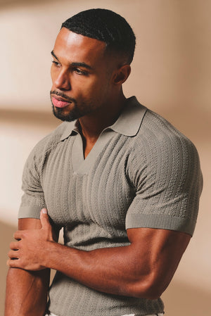 Vertical Stripe Knitted Open Collar Polo Shirt in Mole - TAILORED ATHLETE - USA