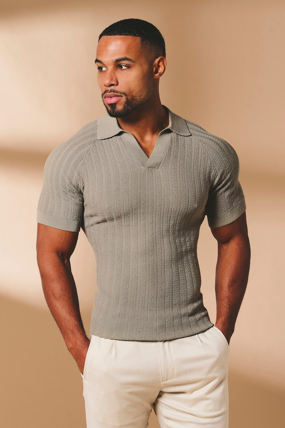 Vertical Stripe Knitted Open Collar Polo Shirt in Mole - TAILORED ATHLETE - USA