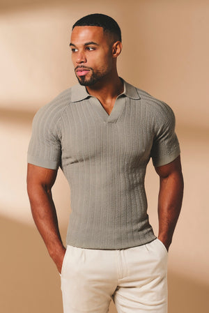 Vertical Stripe Knitted Open Collar Polo Shirt in Mole - TAILORED ATHLETE - USA