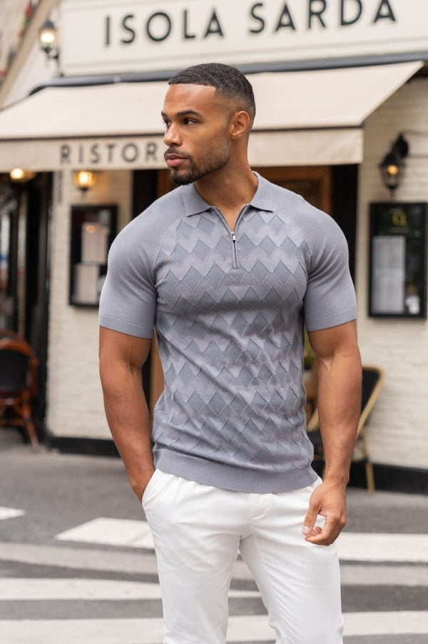 Diamond Jacquard Knitted Polo Shirt in Smoky Charcoal