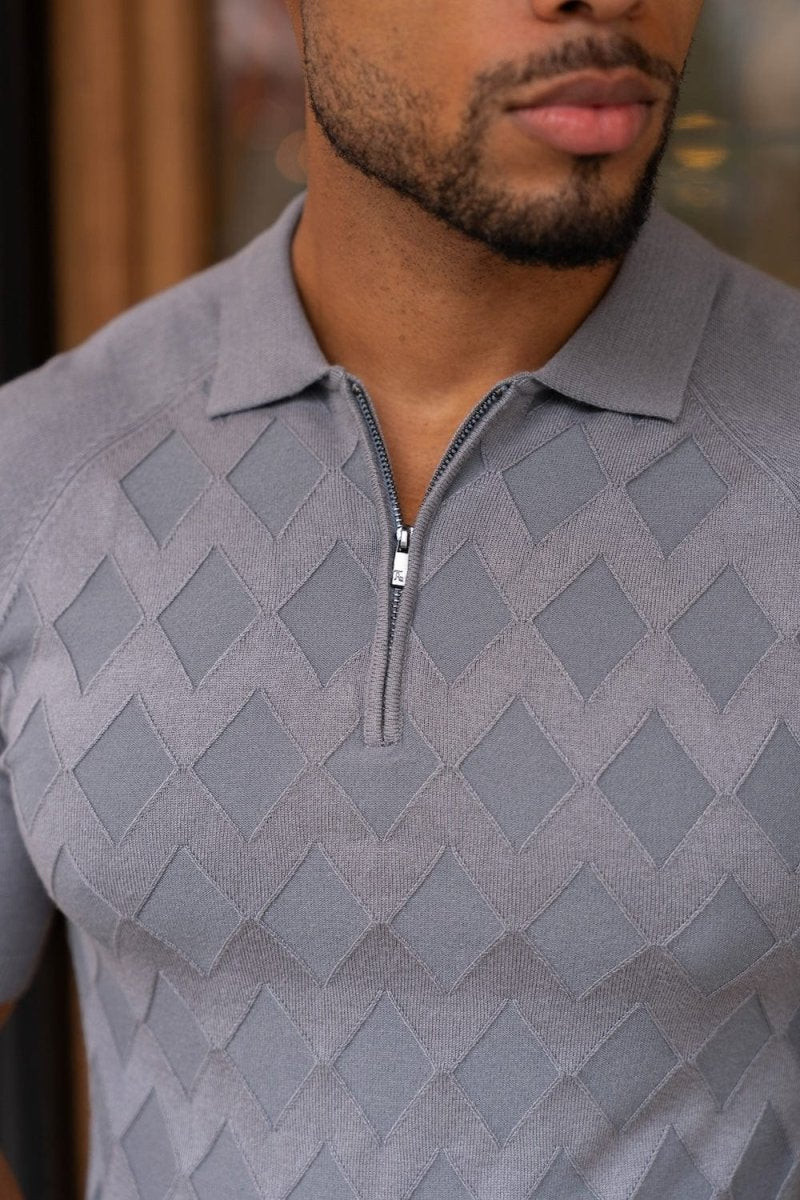 Diamond Jacquard Knitted Polo Shirt in Smoky Charcoal