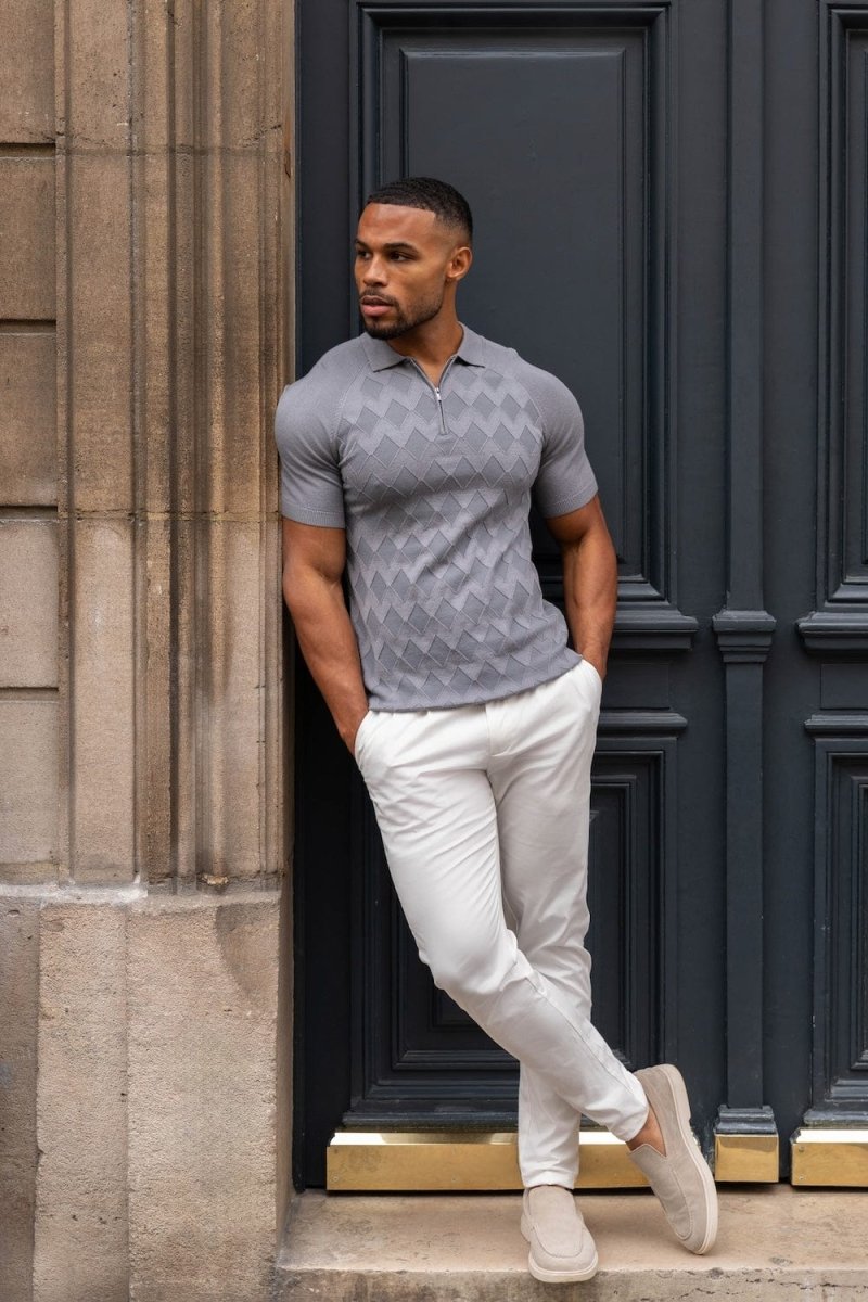 Diamond Jacquard Knitted Polo Shirt in Smoky Charcoal