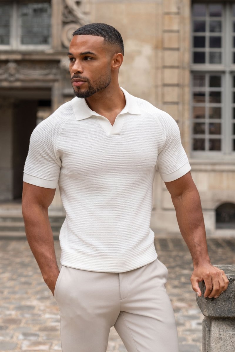 Textured Knitted Open Collar Polo Shirt in Winter White - TAILORED ATHLETE - USA