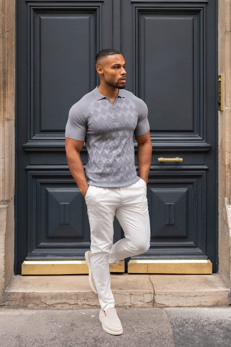 Diamond Jacquard Knitted Polo Shirt in Smoky Charcoal