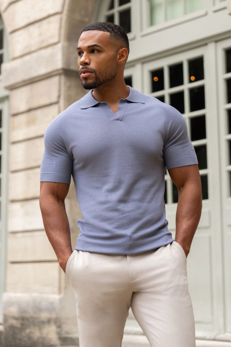 Textured Open Collar Knitted Polo Shirt in Soft Slate - TAILORED ATHLETE - USA