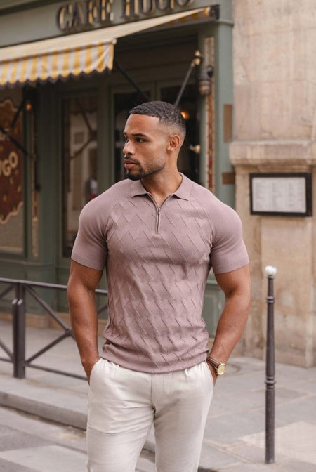 Diamond Jacquard Knitted Polo Shirt in Smoked Rose - TAILORED ATHLETE - USA