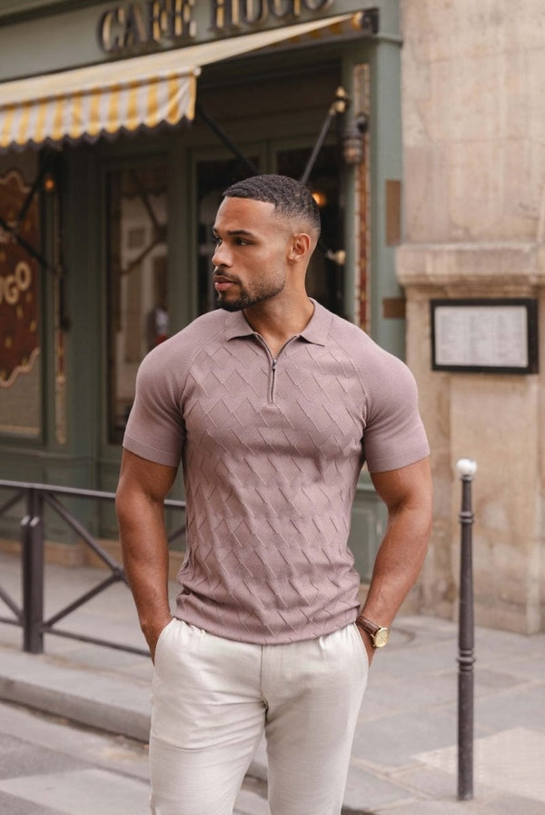Diamond Jacquard Knitted Polo Shirt in Smoked Rose