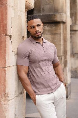 Diamond Jacquard Knitted Polo Shirt in Smoked Rose - TAILORED ATHLETE - USA