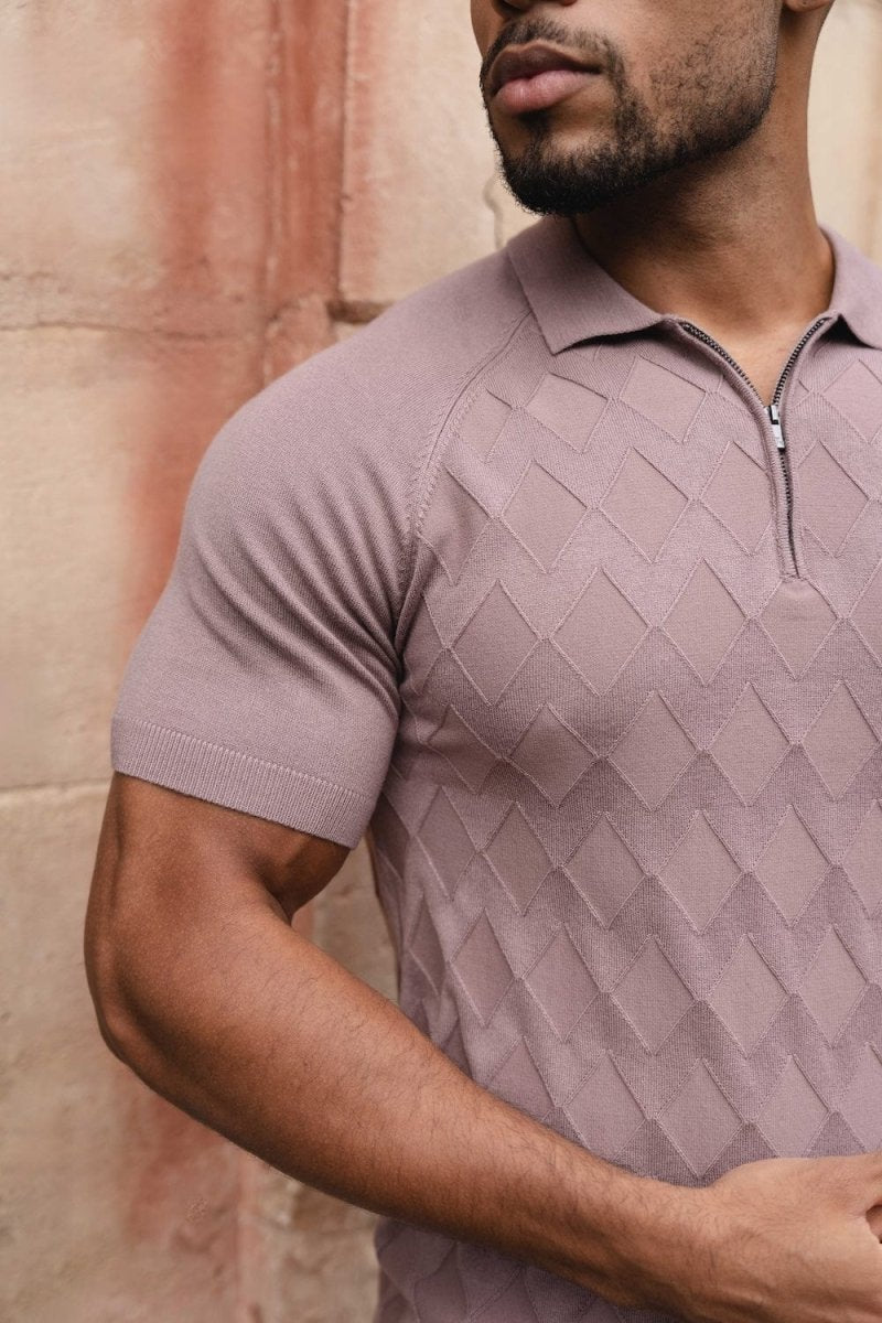 Diamond Jacquard Knitted Polo Shirt in Smoked Rose