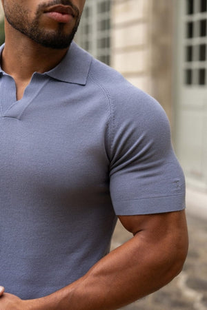 Textured Open Collar Knitted Polo Shirt in Soft Slate - TAILORED ATHLETE - USA