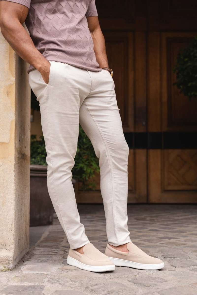 Stretch Linen Blend Single Pleated Trousers in Stone - TAILORED ATHLETE - USA