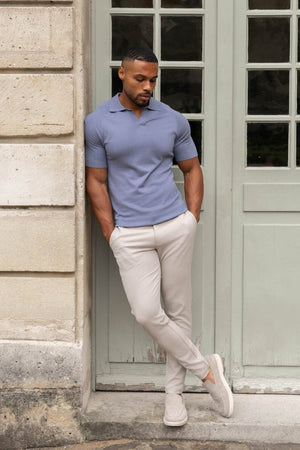 Textured Open Collar Knitted Polo Shirt in Soft Slate - TAILORED ATHLETE - USA