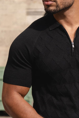 Diamond Jacquard Knitted Polo Shirt in Black - TAILORED ATHLETE - USA
