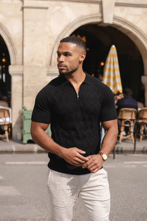 Diamond Jacquard Knitted Polo Shirt in Black - TAILORED ATHLETE - USA