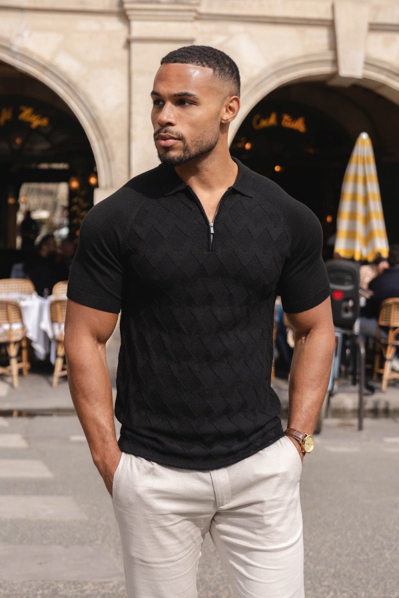 Diamond Jacquard Knitted Polo Shirt in Black - TAILORED ATHLETE - USA
