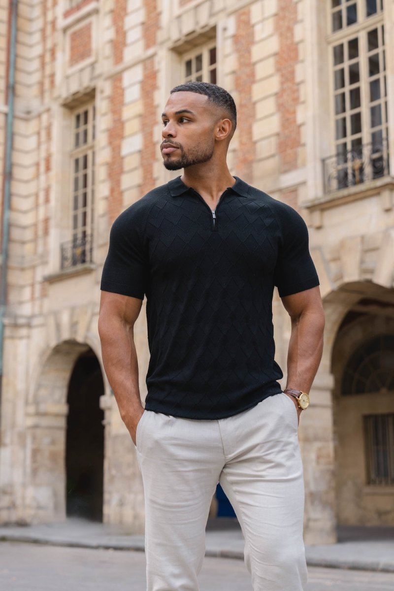 Diamond Jacquard Knitted Polo Shirt in Black
