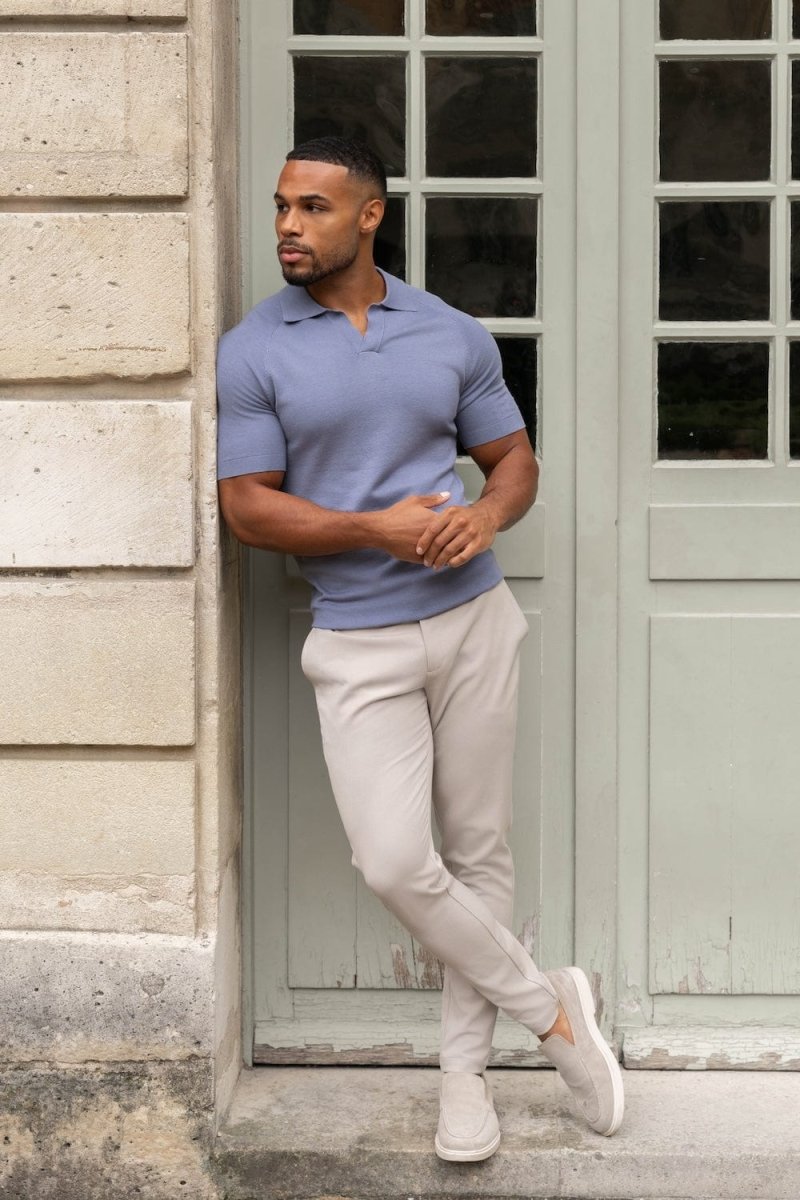Textured Open Collar Knitted Polo Shirt in Soft Slate - TAILORED ATHLETE - USA