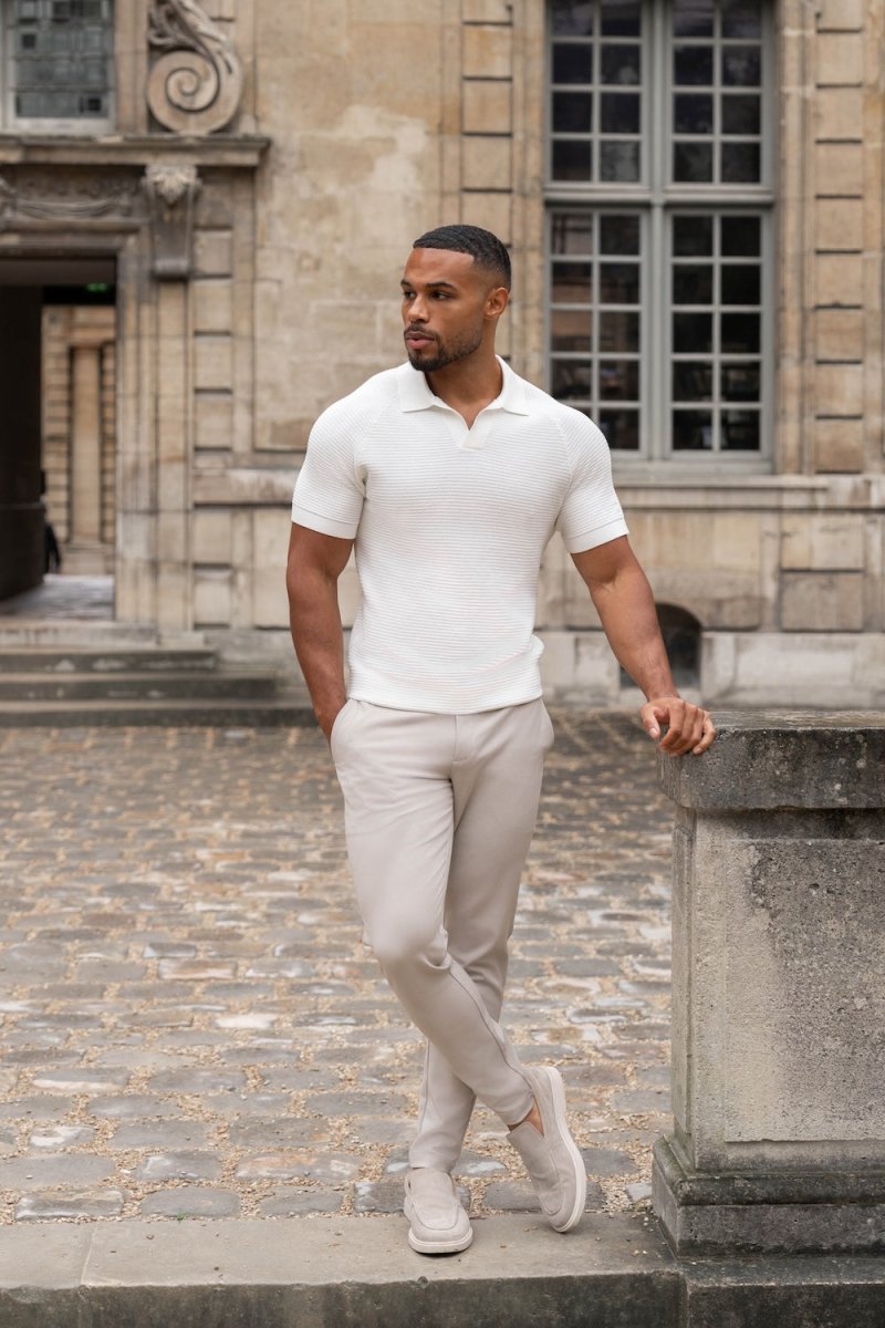 Textured Knitted Open Collar Polo Shirt in Winter White XXL