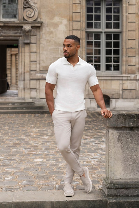 Textured Knitted Open Collar Polo Shirt in Winter White - TAILORED ATHLETE - USA