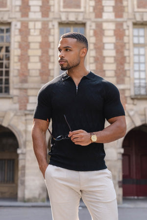 Diamond Jacquard Knitted Polo Shirt in Black - TAILORED ATHLETE - USA
