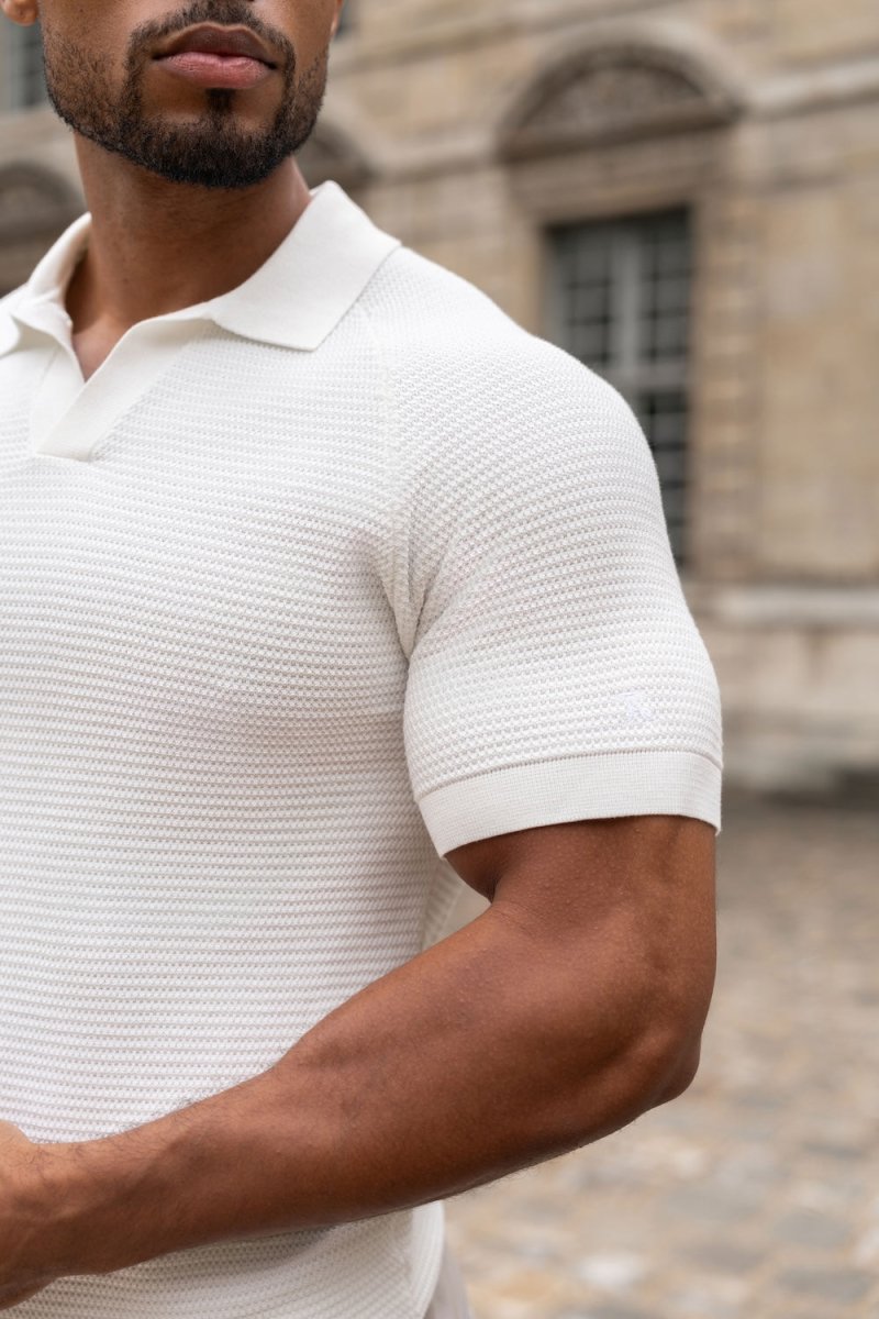 Textured Knitted Open Collar Polo Shirt in Winter White - TAILORED ATHLETE - USA