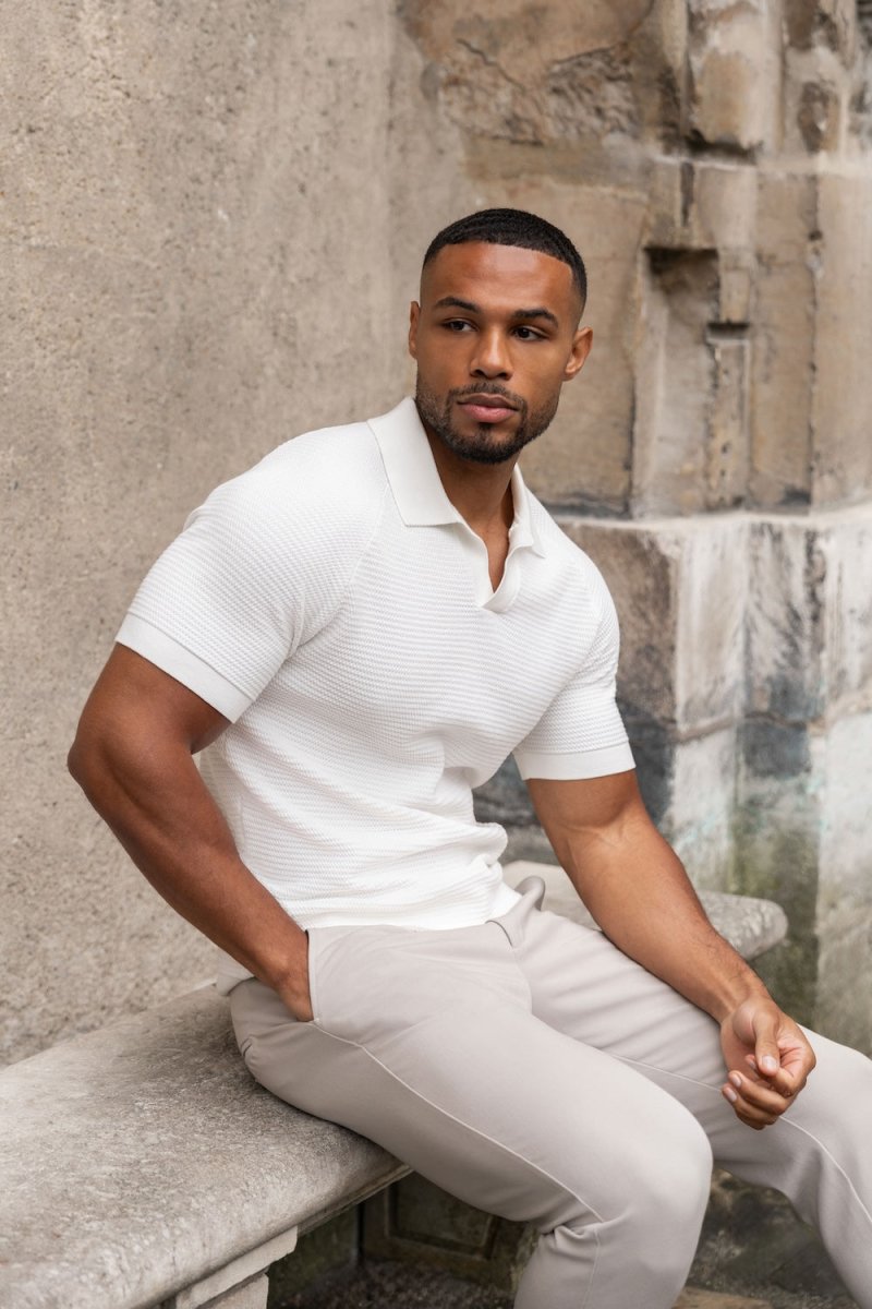 Textured Knitted Open Collar Polo Shirt in Winter White - TAILORED ATHLETE - USA