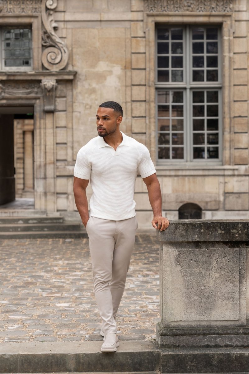 Textured Knitted Open Collar Polo Shirt in Winter White - TAILORED ATHLETE - USA