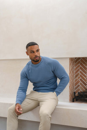 Pure Cotton Knitted Textured Crew Neck Sweater in Airforce Blue - TAILORED ATHLETE - USA