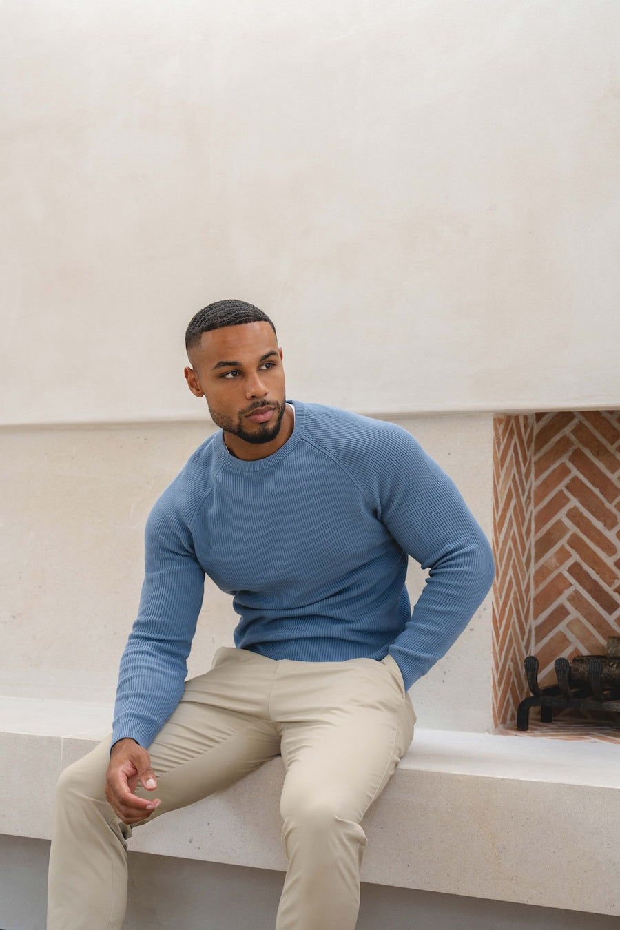 Pure Cotton Knitted Textured Crew Neck Sweater in Airforce Blue - TAILORED ATHLETE - USA