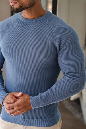 Pure Cotton Knitted Textured Crew Neck Sweater in Airforce Blue - TAILORED ATHLETE - USA