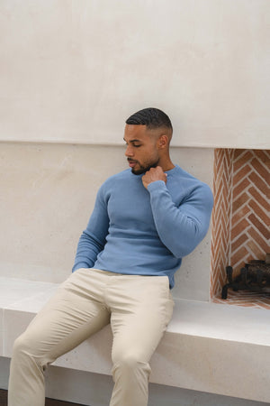 Pure Cotton Knitted Textured Crew Neck Sweater in Airforce Blue - TAILORED ATHLETE - USA