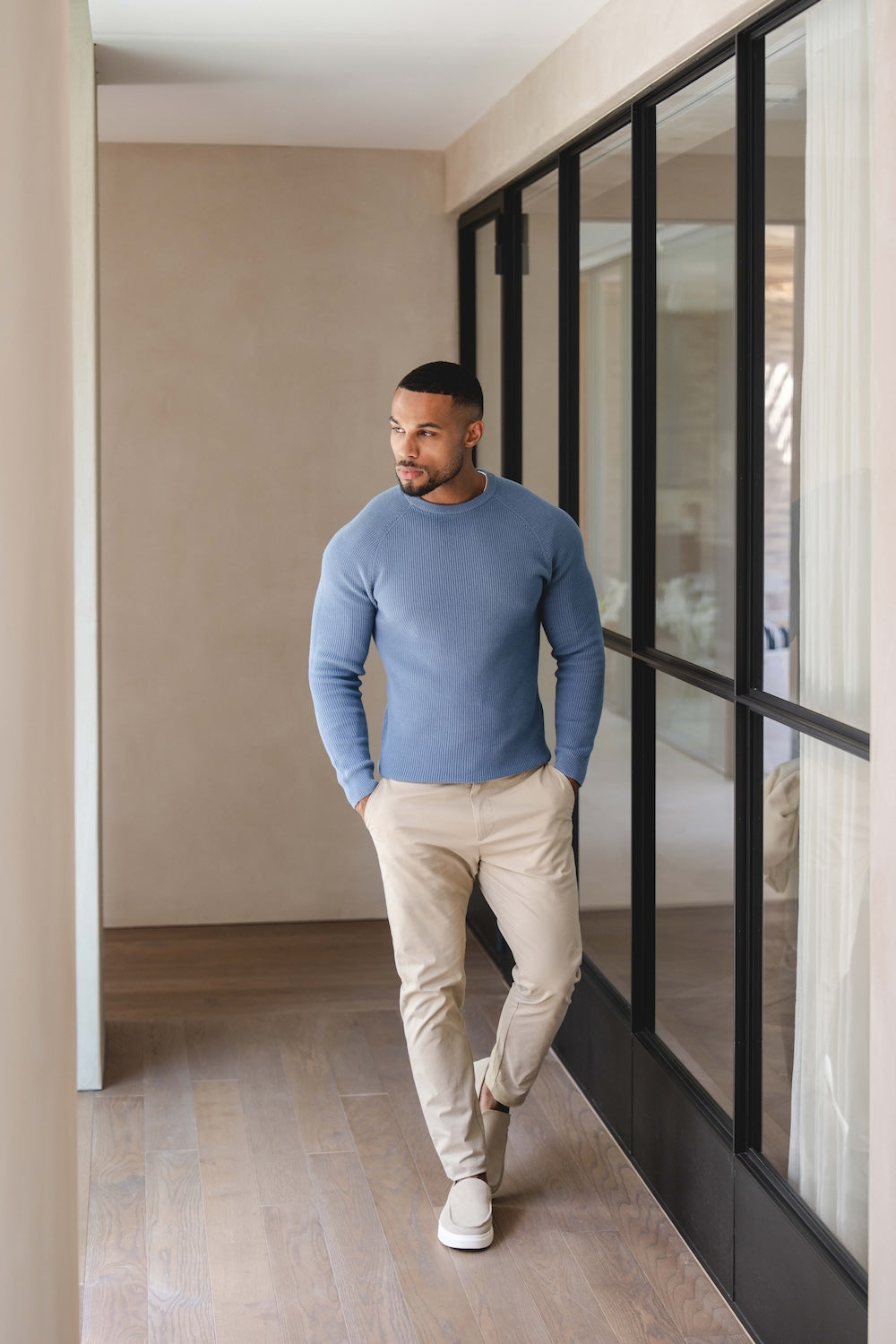 Pure Cotton Knitted Textured Crew Neck Sweater in Airforce Blue - TAILORED ATHLETE - USA