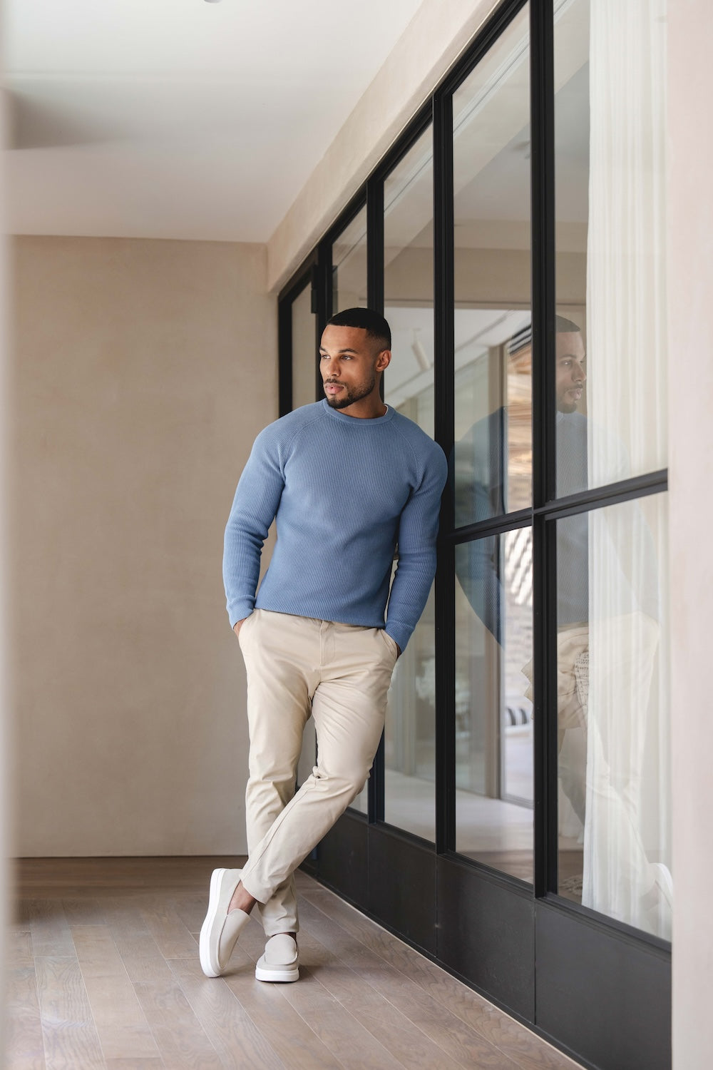 Pure Cotton Knitted Textured Crew Neck Sweater in Airforce Blue - TAILORED ATHLETE - USA